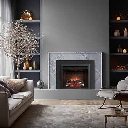 PuraFlame Klaus 26” Electric Fireplace Insert with Trim Kit, Fire Crackling Sound, Resin Log, Glass Door and Mesh Screen, 750/1500W Heater, Black - size: 26" with Trim