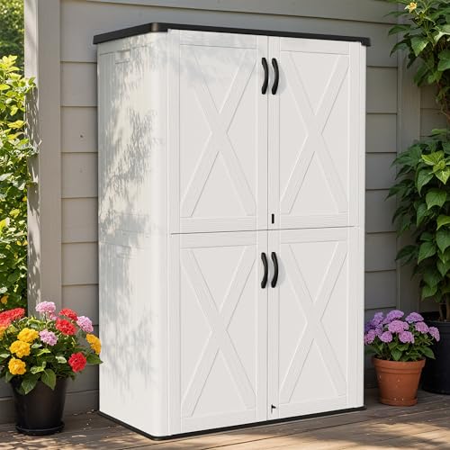 Greesum Outdoor Storage Cabinet, 50 CUFT Deck Box Without Shelves, Waterproof Plastic Storage Shed for Patio Cushions, Gardening Tools, Lockable and Sidehandles, UV Resistant, White - color: White Modern, size: 50 Cuft / Modern