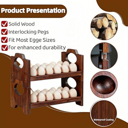 Wooden Egg Holder for Countertop,Holds 36 Eggs,2-Tier Farmhouse Egg Organizer for Fresh Eggs,Stackable Egg Storage Rack for Kitchen