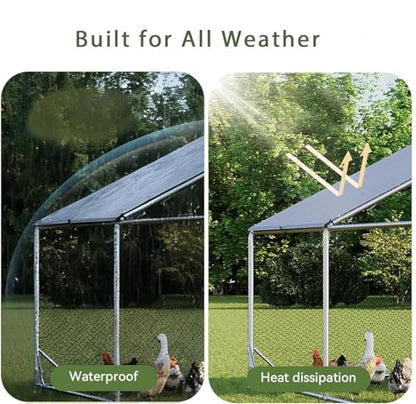 Large Metal Chicken Coop with Walk in Poultry Run and Spire Roof, Waterproof Livestock Shelter Outdoor Enclosure, Sturdy Galvanized Steel Frame for Hen Duck Rabbit, Backyard Farm House