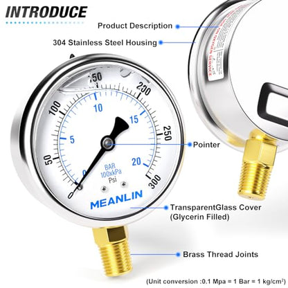 MEANLIN MEASURE 0~300Psi Stainless Steel 1/4" NPT 2.5" FACE DIAL Liquid Filled Pressure Gauge WOG Water Oil Air Lower Mount, with 1/2" NPT and 3/8" NPT Hex Bushing - size: 0-300Psi
