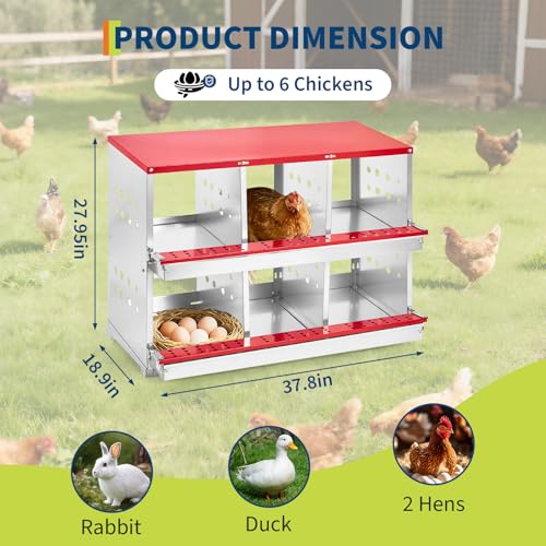 Metal Chicken Nesting Boxes - 8 Hole Wall-Mountable Laying Boxes with Flip-Top Lid & Roll-Away Egg Collection, Weatherproof Galvanized Steel, Includes 8 Fake Eggs for Chicken Coop, Red - color: Red, size: 6 compartment with Flip-top Egg collection box