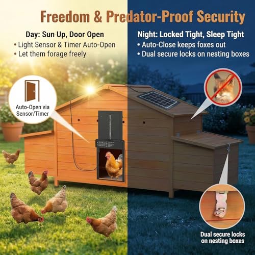 Wooden Chicken Coop with Solar Automatic Door, Predator-Proof Outdoor Hen House with 2 Nesting Boxes & Deep Pull-Out Tray, All-Weather Poultry Cage for Backyard ([2-4] Chickens)