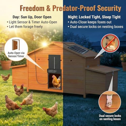 Wooden Chicken Coop with Solar Automatic Door, Predator-Proof Outdoor Hen House with 2 Nesting Boxes & Deep Pull-Out Tray, All-Weather Poultry Cage for Backyard ([2-4] Chickens)