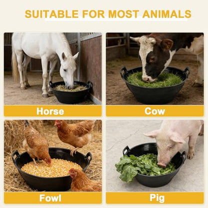 4Pcs Rubber and Plastic Feed Pan with Handle, 3 Gallon / 12 Quart Plastic Feed Pan Utility Horse Feed Bucket for Cats Dogs Goats Chicken Dust Bath Container Animal Feeding Watering Bowl