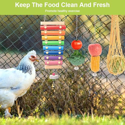 7 Pack Chicken Toys for Coop Accessories, Chicken Xylophone Toy, Chicken Mirror, Chicken Ladder Bridge, Coop Swing, Vegetable Hanging Chicken Feeder, Chewing Foraging Toys, Gifts for Hens