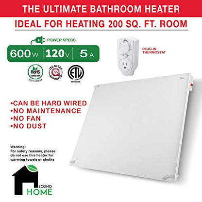 EconoHome Wall Mount Space Heater Panel - with Thermostat - 600 Watt Convection Heater - Ideal for 200 Sq Ft Room - 120V Electric Heater - color: White