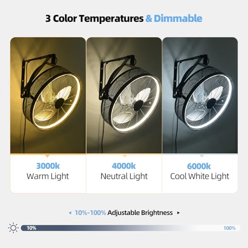 AHAWILL 20" Wall Mounted Fan with Lights, 360° Adjustable Tilt,Garage Wall Mount Fan with Remote&APP, Plug in Wall Fan,6-Speed&Reversible Gazebo Fan,3CCT Dimmable&Timer for Toolroom,Patio,Warehouse