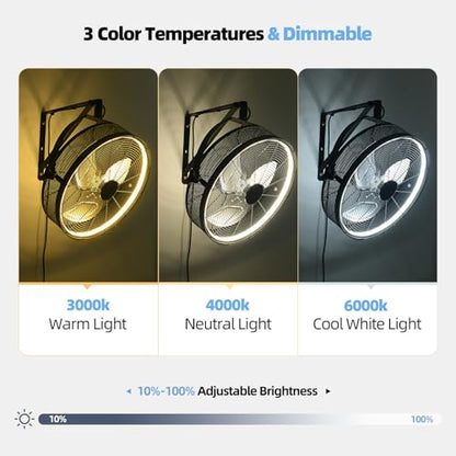AHAWILL 20" Wall Mounted Fan with Lights, 360° Adjustable Tilt,Garage Wall Mount Fan with Remote&APP, Plug in Wall Fan,6-Speed&Reversible Gazebo Fan,3CCT Dimmable&Timer for Toolroom,Patio,Warehouse