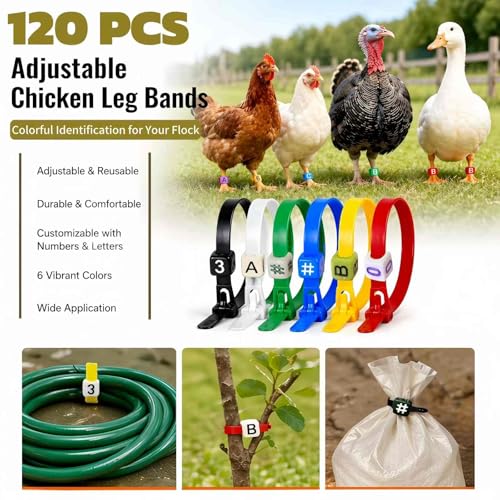 120 Pcs Adjustable Chicken Leg Bands, Colorful Poultry Identification Leg Bands with Number & Letter Charms for Chicken Duck Turkey Goose Farm Supply