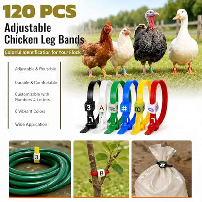 120 Pcs Adjustable Chicken Leg Bands, Colorful Poultry Identification Leg Bands with Number & Letter Charms for Chicken Duck Turkey Goose Farm Supply