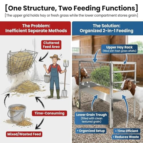 Heavy Duty Wheeled Hay Feeder, 45" Long Stainless Steel 2 in 1 Hay Grain Water Feeder, Mobile Livestock Hay Rack for Goats Sheep Horses Cattle Cows Outdoor Farm Ranch Use