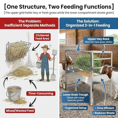Heavy Duty Wheeled Hay Feeder, 45" Long Stainless Steel 2 in 1 Hay Grain Water Feeder, Mobile Livestock Hay Rack for Goats Sheep Horses Cattle Cows Outdoor Farm Ranch Use