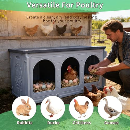 Rockever Nesting Boxes for Chickens, Plastic Nesting Boxes for Chicken Coop, Waterproof 3 Compartment Chicken Nesting Box for Laying Eggs for Hens, Ducks and Poultry