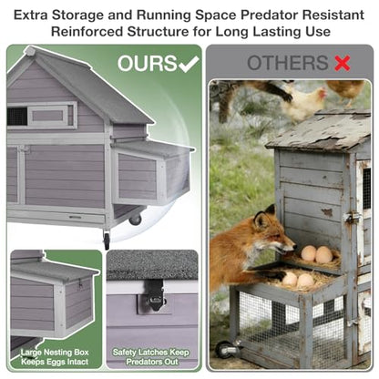 GUTINNEEN Large Chicken Coop with Wheels for 6-8 Chickens, Mobile Wooden Hen House with 2 Nesting Boxes, Removable Tray, Weatherproof Roof, Expandable Outdoor Poultry Cage - size: 67.3"L x 40"W x 49.8"H