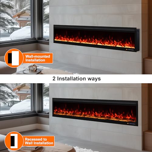 80 Inch Ultra-Thin WiFi Electric Fireplace, App/Remote Control,13X13 Flame Color Combinations, 9H Timer & Thermostat & Low Noise, Log & Crystal, 750W/1500W Fireplace Heater, Black - size: 80 Inch WiFi