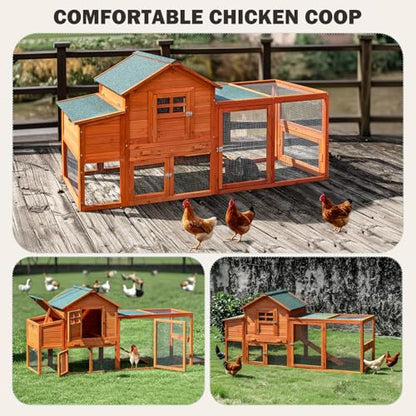 Large Wooden Chicken Coop for 4-6 Chickens, Secure Outdoor Hen House with Enclosed Run, Weather-Resistant Roof, Easy-Clean Slide-Out Tray & Nesting Boxes (Includes 2 Training Eggs)