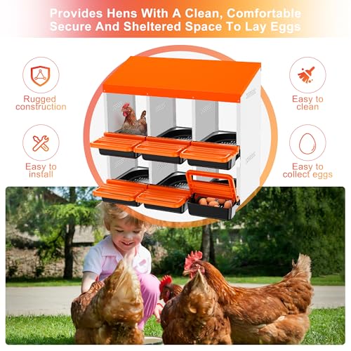 Chicken Nesting Boxes, Metal Roll Away Nest Box for Chickens Laying Egg with Lid Cover to Protect Eggs (6 Holes Orange) - size: 6 Holes