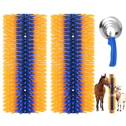 2 Pack Livestock Scratching Brush, Large Horse Grooming Brush Kit With Stainless Steel Curry Comb for Full Massage, Heavy Duty Animal Scratcher for Goat, Cow, Donkey, Horses, Barn or Pasture