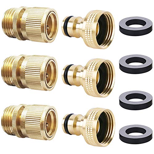 HQMPC Garden Hose Quick Connector Water Hose Quick Connect ¾ inch GHT Brass Easy Connect Fitting Quick Connect Hose Fittings Garden Hose Fitting Water Hose Connectors (3SETS) - size: 3 Sets