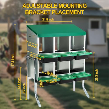 Chicken Nesting Box, 6 Hole Metal Nesting Boxes for Chickens with Roll Away Egg Collection, 2 Tier Chicken Laying Box, Removable Trays & Swing Perch for Backyard Coop and Laying Hens - size: 6 Holes with Legs