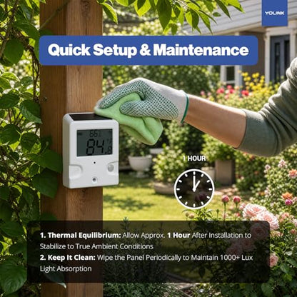 YoLink Outdoor Solar Thermometer Hygrometer, Long-Range with LCD Display, Solar-Powered, Weatherproof Monitoring for Greenhouse, Porch & Shed, Hub Required, YS8002