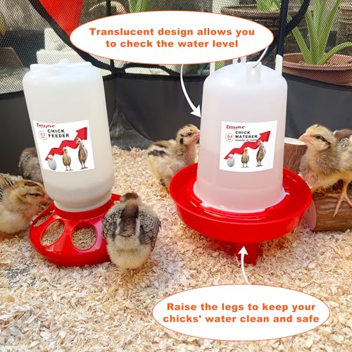 2-in-1 Chick Starter Set: 0.3 Gal Feeder & 0.4 Gal Waterer with Adjustable Legs for Baby Chicks, Hanging Hooks, Anti-Drown Design - BPA-Free Plastic (Red) - color: Red