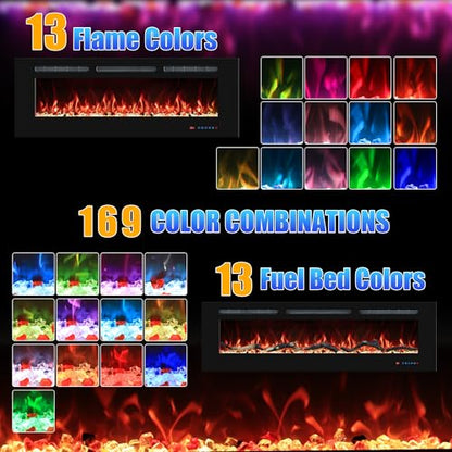 42" Electric Fireplaces Inserts, Recessed & Wall-Mounted Fireplace Heater with Thermostat, Multicolor Flames,Timer, Log & Crystal, 750/1500W - size: 42 inch
