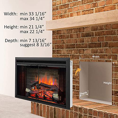 PuraFlame Klaus Electric Fireplace Insert with Fire Crackling Sound Glass Door and Mesh Screen, 750/1500W, Black, 33 1/16 Inches Wide, 21 Inches High, 33 1/16 W X 21 H X 7 51/64 D - size: 33" Low without Trim