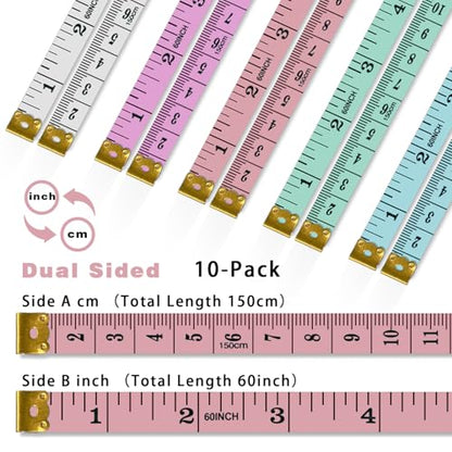 10-Pack Soft Tape Measure Double Scale Body Sewing Flexible Ruler for Weight Loss Medical Body Measurement Sewing Tailor Craft Vinyl Ruler, Pastel Pink Blue Green Purple White
