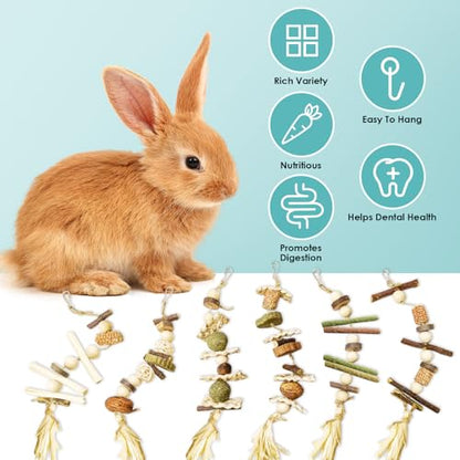6PCS Bunny Chew Toys, Hamster Rabbit Cage Hanging Chew Toys, Natural Apple Wood Bunnies Treats, Improve Small Animal Teeth Health for Guinea Pig Chinchilla Ferret Rats Gerbil