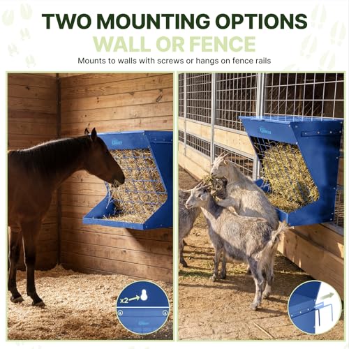 Wall Mount Hay Rack And Hay Feeder For Goats Sheep And Horses, Covered Galvanized Steel Goat Hay Feeder With Hinged Roof, 25 Gallon 2-In-1 No Waste Hanging Holder Grain Bin with hook For Cattle - color: Blue