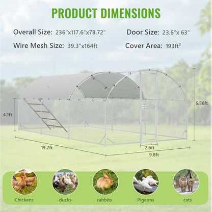 Large Metal Chicken Coop, Chicken Runs for Yard with Cover, Arch Roof Chicken Coop, Outdoor Chicken Pen, Heavy Duty Galvanized Steel Frame, Waterproof Cover, 10 x 20 x 6.5 FT - size: 118.1"L x 78.7"W x 235.2"H