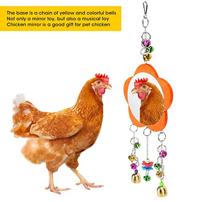 Pet Chicken Mirror Toy with Bells, 5.3 Inch Mirror, 18.9 Inch Chain - Durable, Broken, Stimulates Play and Communication for Pets