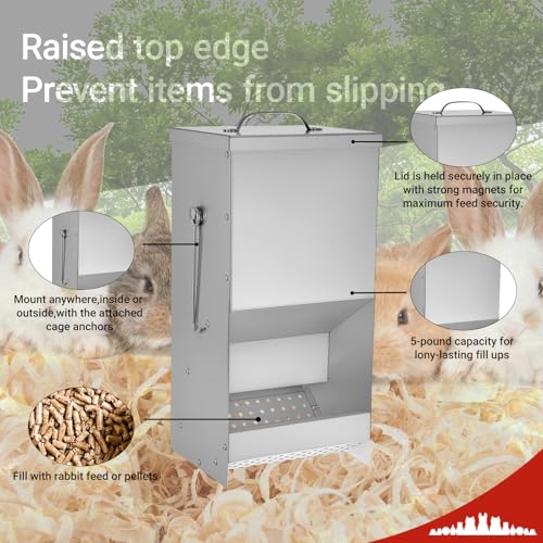Rabbit Feeders Automatic for Cages,5 Pound Large Metal Trough Feeder with Lid Galvanized Steel Outdoor Bunny Food Dispenser for Rabbits Chicken Guinea Pig Pet and Other Small Animals