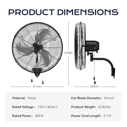 Tehanld 2PC Industrial Wall Fan 30 Inch - 7800 CFM High Velocity Airflow, Heavy Duty Metal Wall Mounted Fan with Dual Pull Chains & 90° Oscillation, 3-Speed Commercial Fan for Warehouse & Barn - size: 30 INCH - 2PC