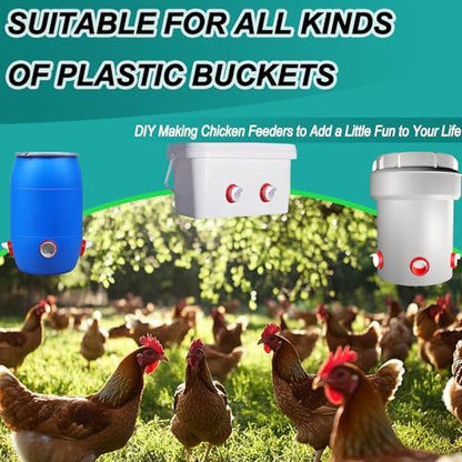 6-Port DIY Chicken Feeder and Waterer Kit, No-Waste Automatic Gravity Poultry Feeder-Spill-Proof, Rain-Proof Design for Buckets, Barrels, Bins, Troughs
