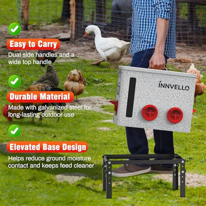 40LB Metal Chicken Feeder with Adjustable Legs - Automatic Gravity Poultry Feeder No Waste - Rat Proof Galvanized Large Chicken Feed Container with 6 Ports & Double Viewing Windows