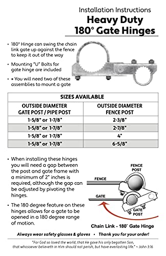 Chain Link Fence 180 Degree Commercial Duty Gate Hinge-for 2-3/8" Outside Diameter Gate Post/Pipe & 1-5/8 Thru 1-7/8" Gate Frame. Chain Link Post Gate Hinge - Hinge U Bolts Included - 2 Hinge Assy. - size: 2-3/8" Post - 2 Pack