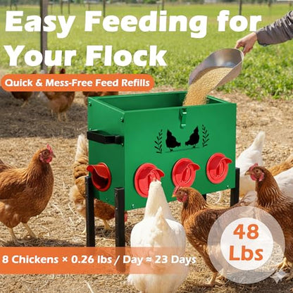 48 LB Large Automatic Chicken Feeder, No Waste Metal Poultry Feeder with 8 Ports, Weatherproof Outdoor Dispenser with Adjustable Legs & Locking Lid for Backyard Chickens, Green
