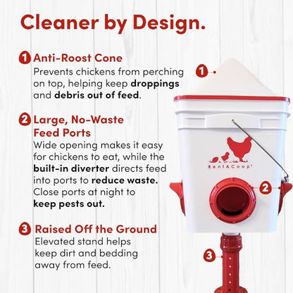 RentACoop 25lb BPA-Free Chicken Feeder with 4 Large Ports - Includes Lid, Anti-Roost Cone, Rain Hoods, and Custom Adjustable Stand - Large Capacity No-Waste Poultry Feeder - Center Placement