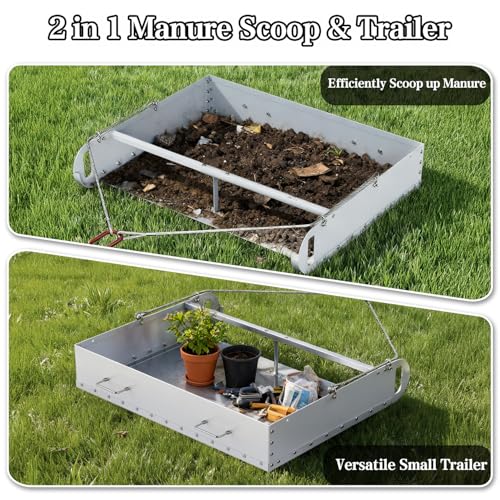 Pasture Manure Scoop, Tow Behind Manure Scoop for Horses Paddocks, Picks Up for Small Manure from Horse, Instead of a Manure Fork ATV Rake, Silver
