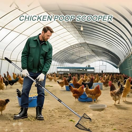 10" Chicken Poop Scooper & Rake Pooper Scooper Head for Sand Chicken Litter Scoop with Handle Litter Sifting Shovel with 29" to 56" Adjustable Handle Chicken Coop Accessories Tool for Clean