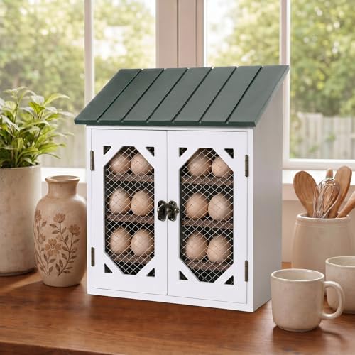Xuhal Wooden Egg Holder Countertop Farmhouse House Shape Egg Storage Decor 3 Tier Cabin Pull out Storage Shelf Holding up to 24 Distressed Collecting Basket for Gathering Kitchen