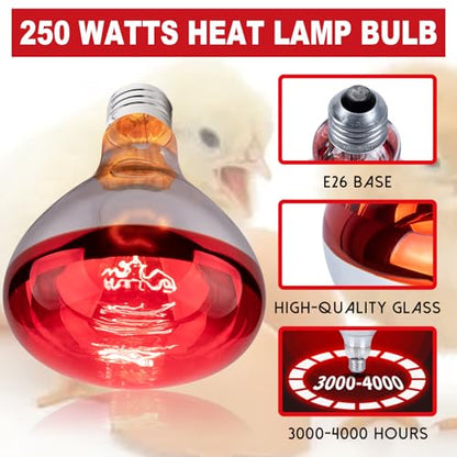 250 Watt Heat Lamp Bulbs for Chicks, R40 Brooder Heat Lamp for Chickens, Infrared Reflector Heat Bulbs for Brooder Heater, Incandescent Spotlight for Pet, Bathroom, Food (2 Pack)