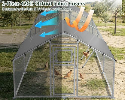 26×10 FT Extra Large Walk-in Chicken Coop, Spire Roof Chicken Run with Cover, Front & Rear Doors, Feeding Door, Roosting Ladder, Galvanized Steel Frame - size: 298.4"L x 118.1"W x 77.6"H