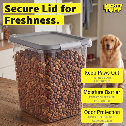 Mighty Tuff 20 lb Dog Food Container with Secure Lid Clasp, Airtight Cat Food Storage Bin, Clear Plastic Pet Food Storage Container with Lid for Kitchen Pantry Organization