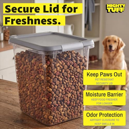 Mighty Tuff 20 lb Dog Food Container with Secure Lid Clasp, Airtight Cat Food Storage Bin, Clear Plastic Pet Food Storage Container with Lid for Kitchen Pantry Organization