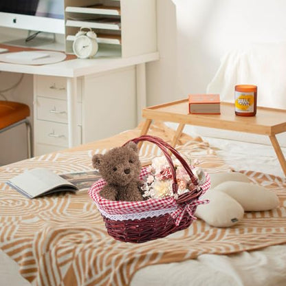 2 Pack 12.6 Inch Brown Wicker Basket with Checkered Lining, Oval Wicker Woven Basket with Handle, Willow Woven Picnic Baskets for Picnic, Camping, Party(Small) - size: 2 Pack 12.6in Brown
