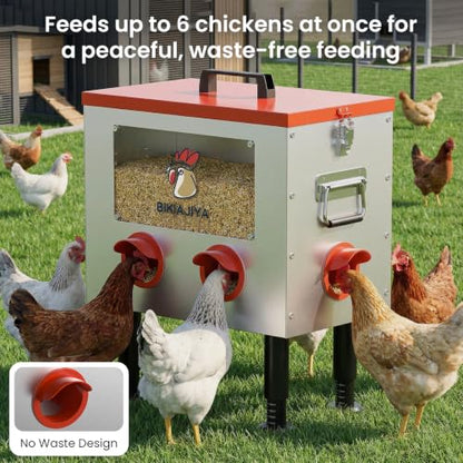 BIKIAJIYA Automatic Chicken Feeder, 55LB Large Capacity, Viewing Window Anti-Waste Rust-Proof Alloy Steel, 6 Feeding Ports, Waterproof & Rodent Proof, Adjustable Legs & Locking Lid for Chickens, Ducks